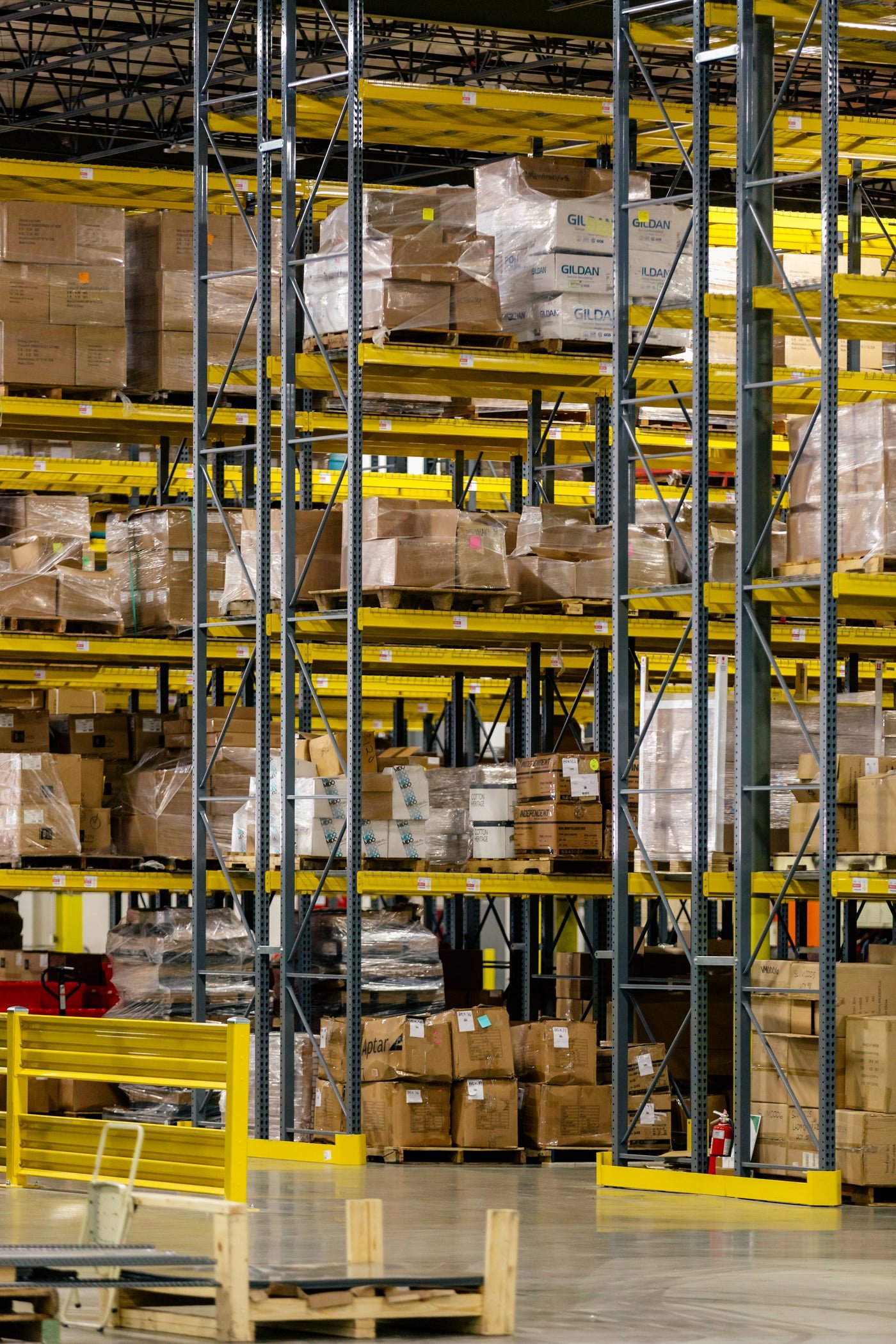 Boxes stocked on warehouse shelves