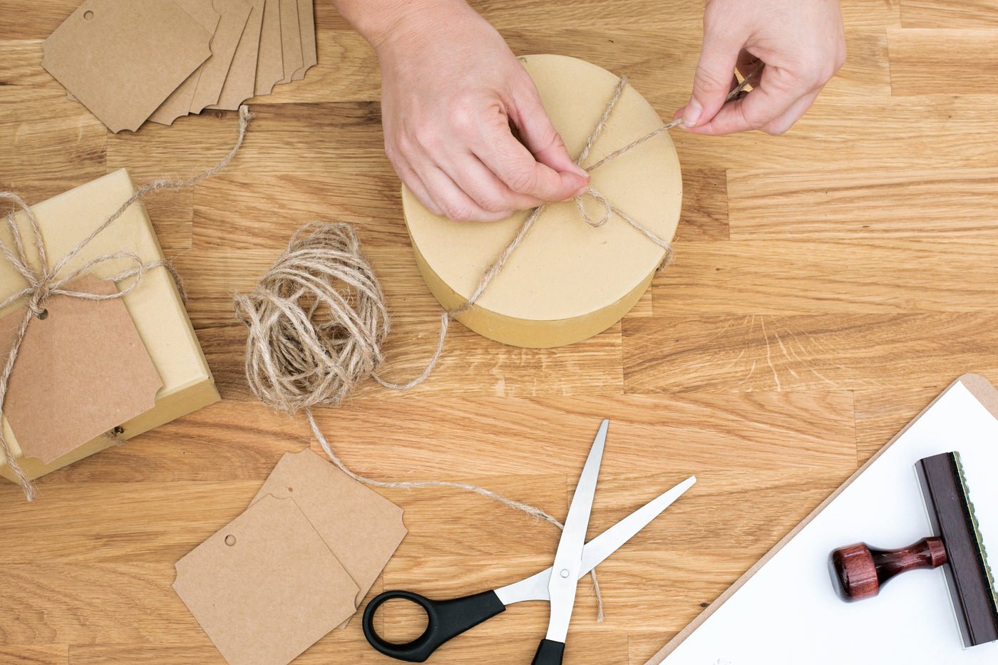 Preparing a product package for shipping, seen from above